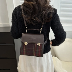 Retro plaid patchwork backpack with vintage gold metal locks and brown leather cover