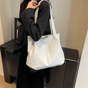 Large cream white vintage tote bag with lychee texture and vertical stitching detail