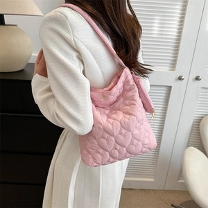 Pink heart quilted tote bag for women with matching small zipper pouch on shoulder