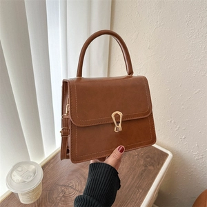 Retro PU Leather Small Square Bag For Women Vintage Shoulder Crossbody Bag With Golden Buckle Daily Top Handle Handbag
