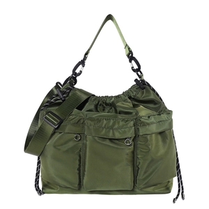 Army green nylon shoulder bag with drawstring closure and large capacity functional pockets