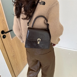 Minimalist vintage dark brown wax leather crossbody bag with golden metal horseshoe clasp