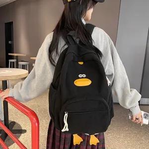 Fashionable black corduroy backpack with cute cartoon duck design for kids and students
