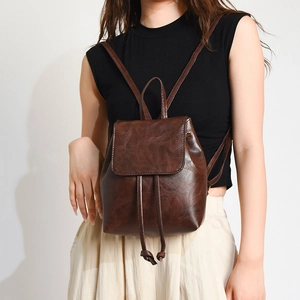 Fashion vintage dark brown large capacity backpack with flap and drawstring closure