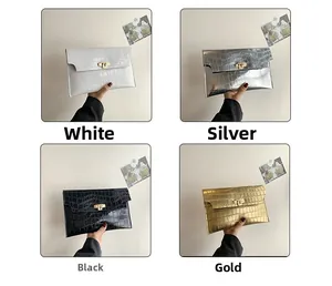 Detail showing four colors of crocodile pattern envelope clutch bags with gold metal locks