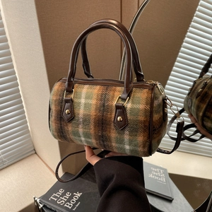 Sac Boston Vintage à Carreaux en Laine pour Femmes Sac à Main de Grande Capacité Mode Sac Bandoulière Messenger Bag Rétro à Carreaux à Poignée