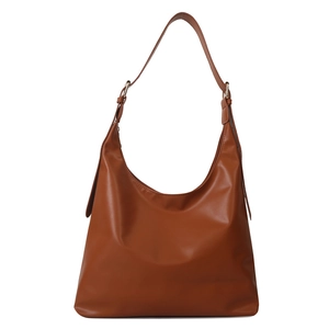 Brown faux leather crescent hobo shoulder bag with adjustable strap and gold metal buckle