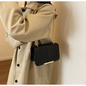 Detail of a black quilted shoulder bag with gold chain strap on a khaki trench coat