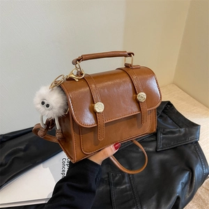 Vintage PU Leather Shoulder Bag For Women Retro Minimalist Crossbody Square Bag With Plush Charm Commute Messenger Handbag