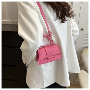 Close-up of pink litchi grain mini bag featuring pale gold U-shaped buckle and slim strap
