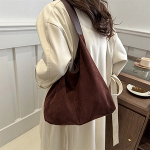 Minimalist large-capacity faux suede tote bag in dark brown for women stylish shoulder bag