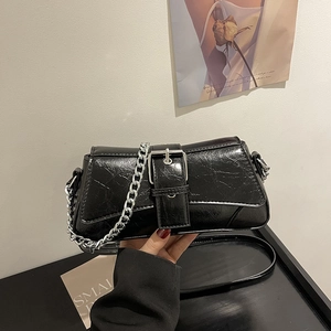 French Niche Baguette Bag Women High Quality PU Leather Shoulder Bag Silver Chain Buckle Crossbody Armpit Bag Handbag
