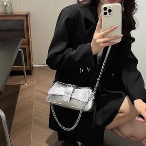 Metallic silver minimalist shoulder bag with fine chain strap and rectangular silhouette