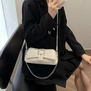 Elegant cream-white faux leather underarm bag with silver chain and metal buckle detail