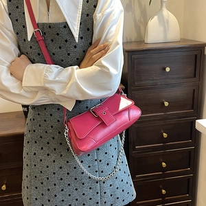 French style bright pink leather crossbody bag with silver chain and adjustable strap