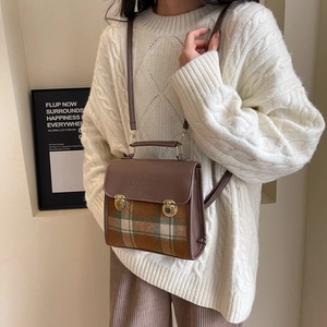 Vintage brown plaid tote bag for women with leather trim and top handle crossbody style