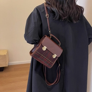 Classic dark brown and red-green plaid crossbody bag with gold locks for women