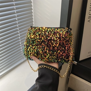 Women Sequin Chain Shoulder Bag PU Leather Gradient Glitter Crossbody Bag Niche Design Evening Purse For Party Elegant Small Bag