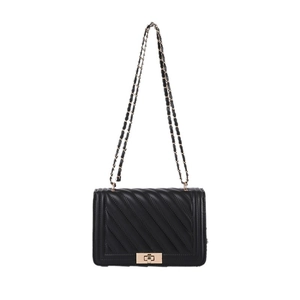 Elegant black quilted crossbody bag with metal chain strap and turn-lock closure