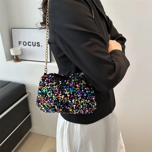 Colorful sequin chain shoulder bag with gold metal strap and vintage party style