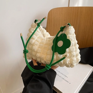 Fashion Popcorn Bubble Texture Shoulder Bag For Women Trendy PU Leather Underarm Bag With Flower Charm Casual Solid Color Tote Bag