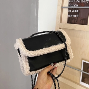 Women Vintage PU Leather Small Square Bag With Contrast Plush Trim Fashion Chain Shoulder Crossbody Bag For Autumn Winter