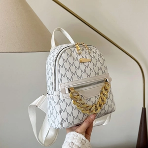 Fashion Women Mini PU Leather Backpack Letter Printed Casual Travel Daypack With Gold Chain Decoration Chic Small Rucksack