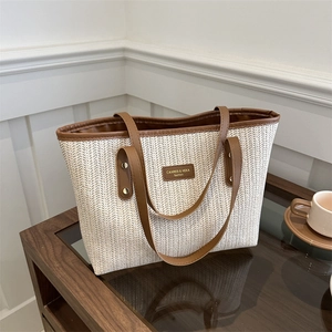 Women Fashion Woven Tote Bag High Capacity Herringbone Pattern Large Shoulder Bag With Leather Handle For Daily Commute Leisure