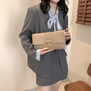 Minimalist khaki envelope clutch with crocodile texture and gold H-shaped metal buckle
