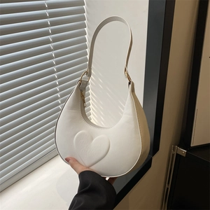 Women Fashion Heart Embossed Crescent Shoulder Bag PU Leather Hobo Underarm Bag Elegant Commuter Crossbody Purse Daily Handbag