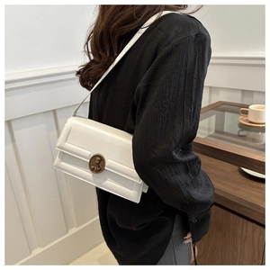 Detail of white square bag with vintage lion relief metal buckle on a shoulder strap
