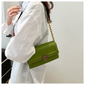 Close-up of green crossbody bag with vintage gold emblem and acrylic chain strap