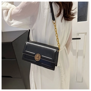 Detail of black leather crossbody bag with vintage golden lion buckle and chain strap