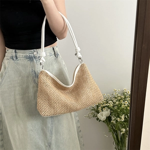 Sac à Épaule d'Été en Paille Tissée pour Femmes Mode Boho Plage Voyage Sac à Main Bandoulière Nouée Fermeture Éclair Sac Cabas