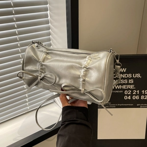 Sac à Épaule Cylindre en Cuir PU Plissé pour Femme Décor de Nœud Y2K Sac Sous les Bras Sac Bandoulière Quotidien Polyvalent
