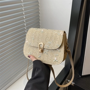 Summer Straw Woven Shoulder Bag For Women Floral Embroidery Crossbody Bag With Metal Buckle Pastoral Style Handbag
