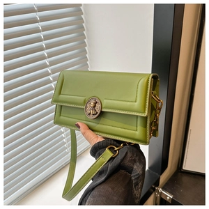 Detail of green retro square bag featuring a vintage metal buckle with bear relief pattern