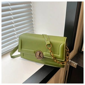 Close-up of grass green crossbody bag with vintage gold crown buckle and metal chain