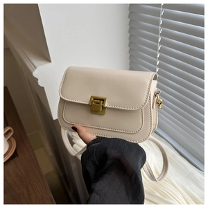 Close-up of cream leather flap crossbody bag with square gold buckle and delicate strap