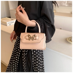Detail of minimalist beige crossbody bag featuring gold butterfly buckle and glossy texture
