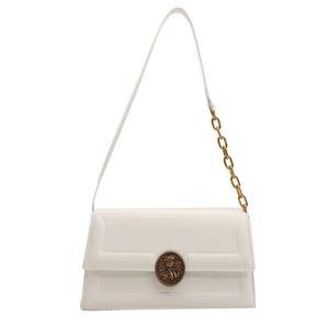 White geometric square crossbody bag with vintage bear metallic buckle and chain strap