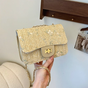 Women Straw Woven Shoulder Bag Floral Embroidered Square Crossbody Bag With Metal Chain Strap Summer Beach Vacation Handbag