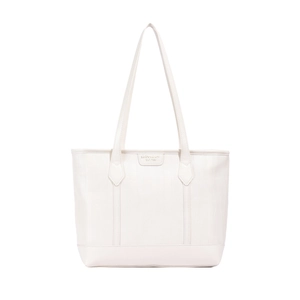 Creamy white vertical textured bucket tote bag with double straps and embossed logo details