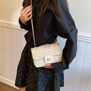 Minimalist straw woven crossbody bag with gold hardware and chain strap on a model