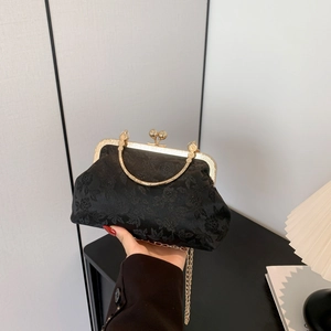 Vintage Jacquard Floral Women Shoulder Bag Retro Kiss Lock Handbag With Metal Handle Chain Strap Elegant Evening Bag