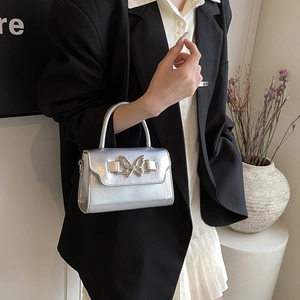 Minimalist silver crossbody bag with metallic butterfly clasp and handle for women