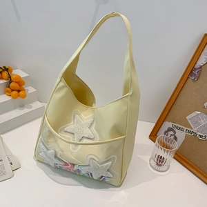 Sac Cabas en Toile de Style Japonais Pour Femmes Sac à Épaule Grande Capacité Avec Poche en PVC Transparente Et Pompons Colorés