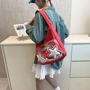 Grand sac hobo rouge en toile avec étoiles en poche transparente pour femmes quotidien