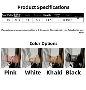 Size chart and color display for PU leather shoulder bag with silver bow accent