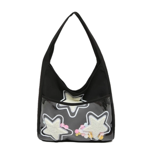 Grand sac fourre-tout noir avec poche frontale en PVC et boules de poils colorées